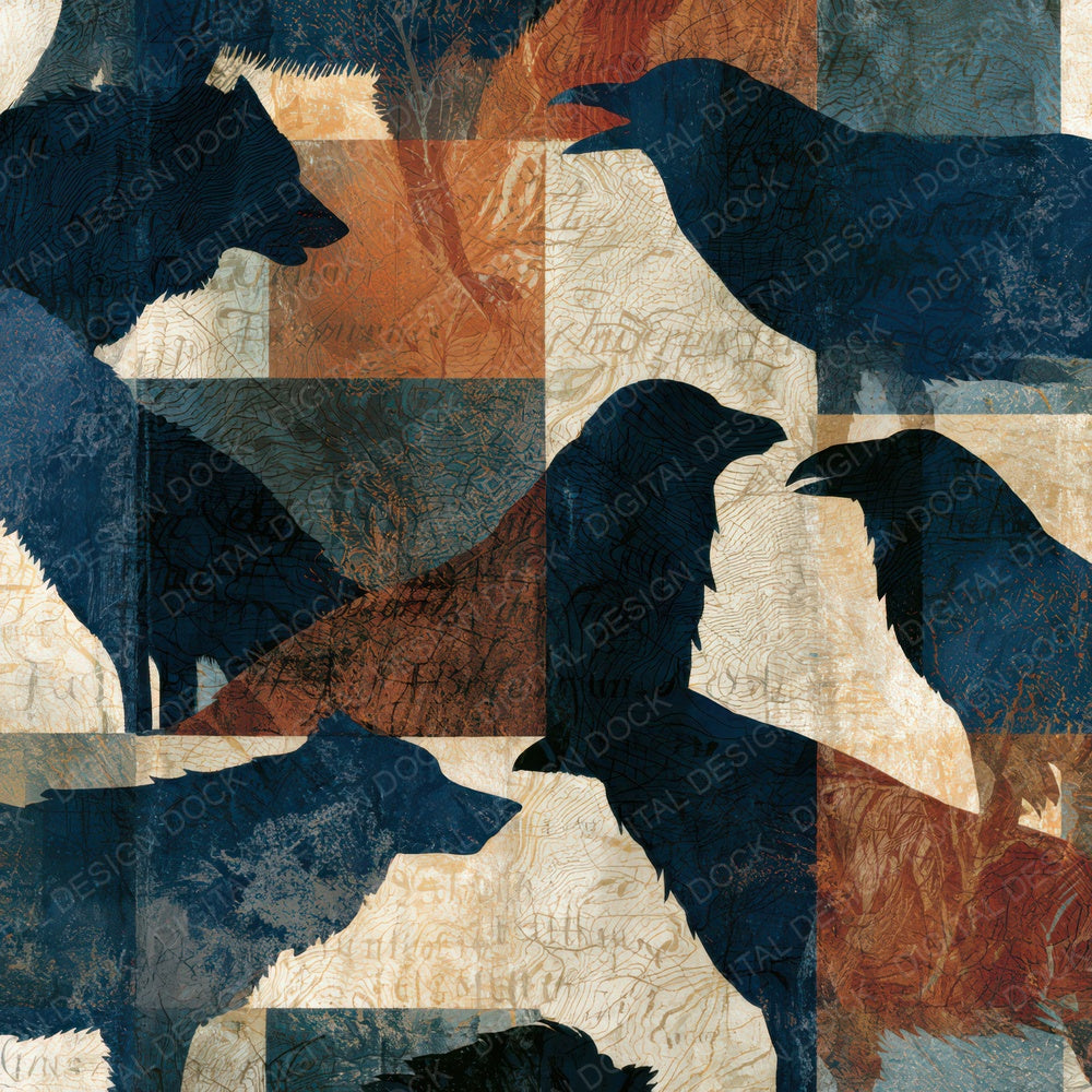Antique Map Wolves Ravens Seamless Digital Paper Pack (DDD012706)