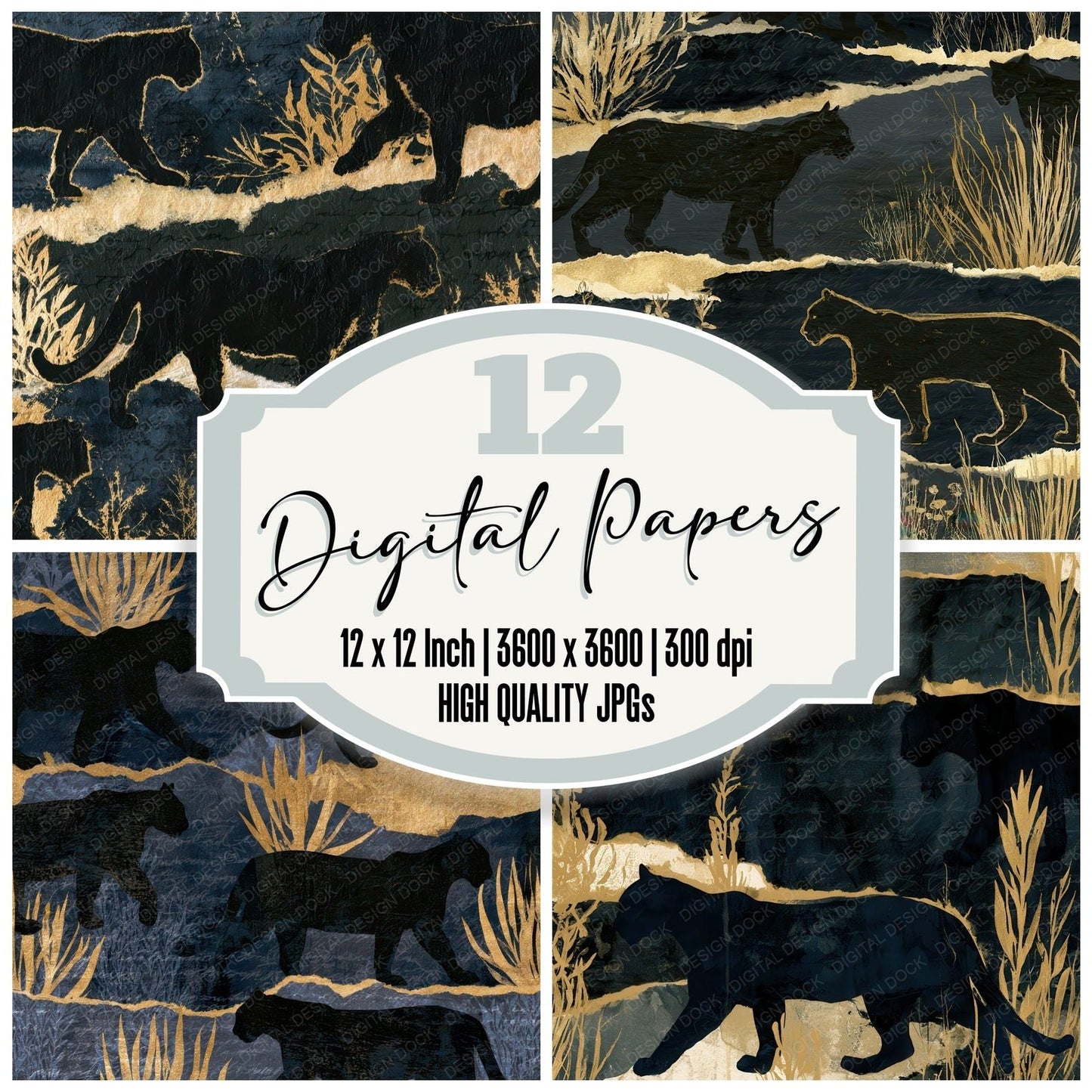 Collage Mountain Lion Ink Gold Digital Paper Pack (DDD012709)