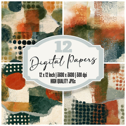Collage Scattered Dots Rust Moss Ivory Seamless Digital Paper Pack (DDD012710)