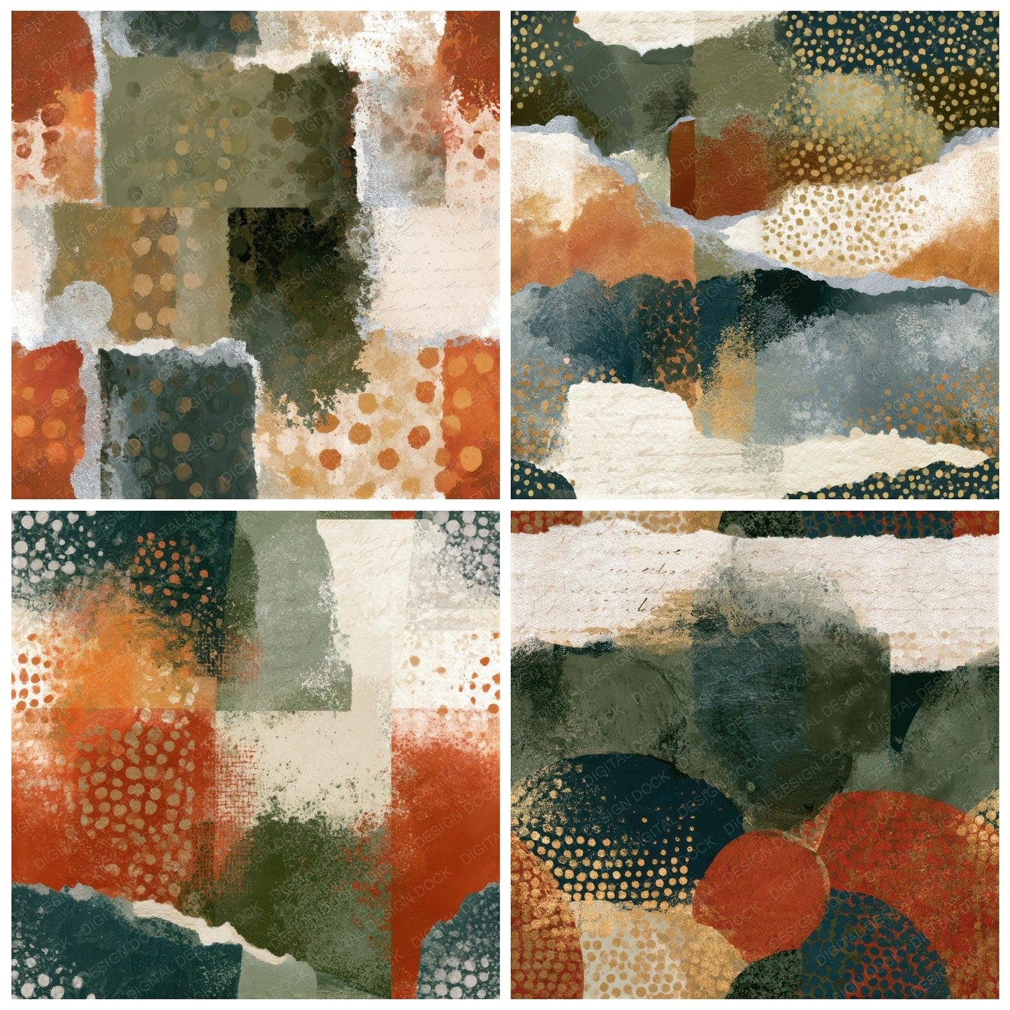 Collage Scattered Dots Rust Moss Ivory Seamless Digital Paper Pack (DDD012710)