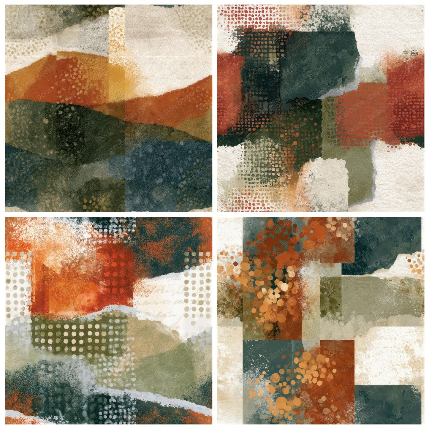 Collage Scattered Dots Rust Moss Ivory Seamless Digital Paper Pack (DDD012710)