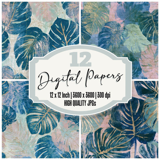 Cyanotype Monstera Blush Mint Digital Paper Pack (DDD012711)