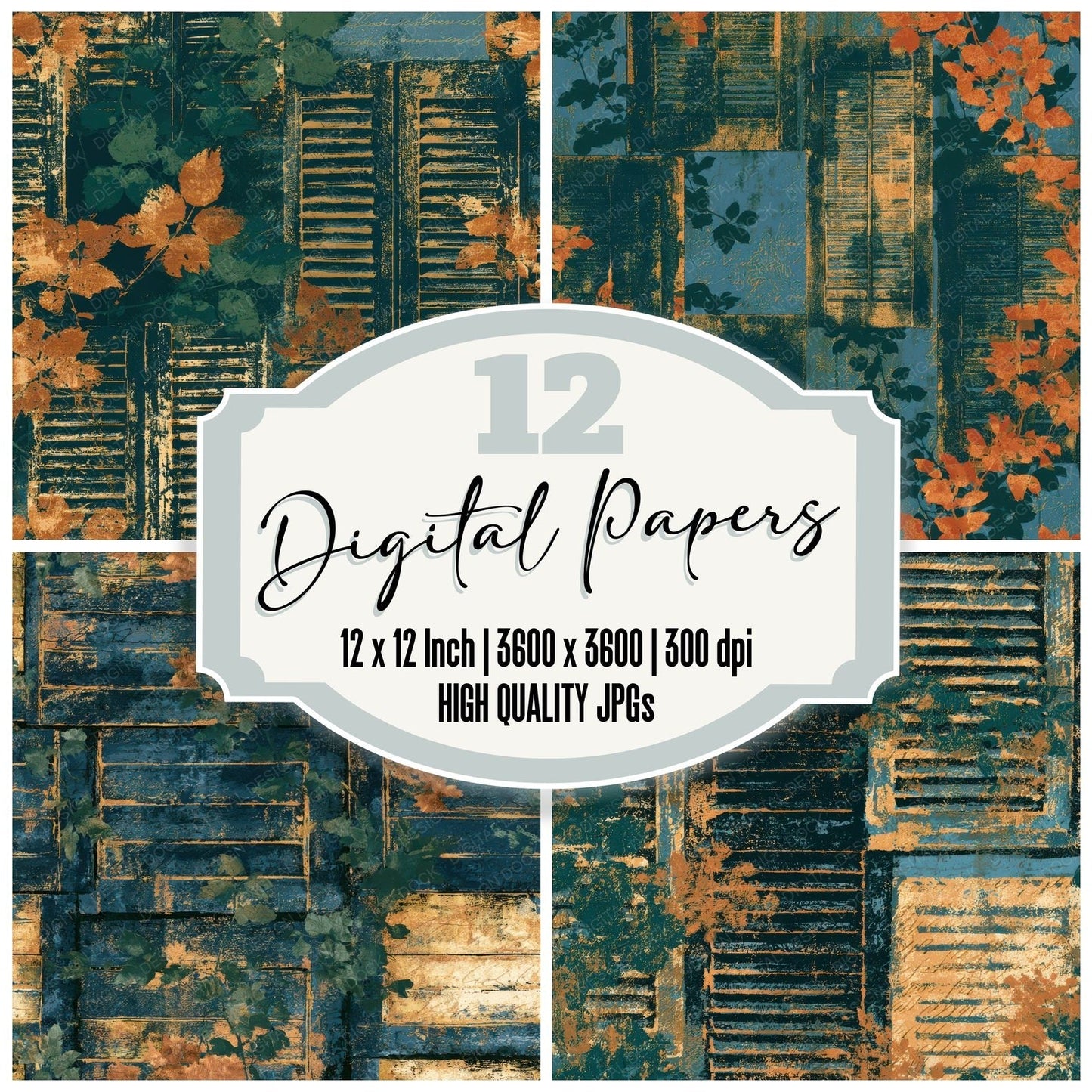Etching Shutters Copper Florals Navy Digital Paper Pack (DDD012714)