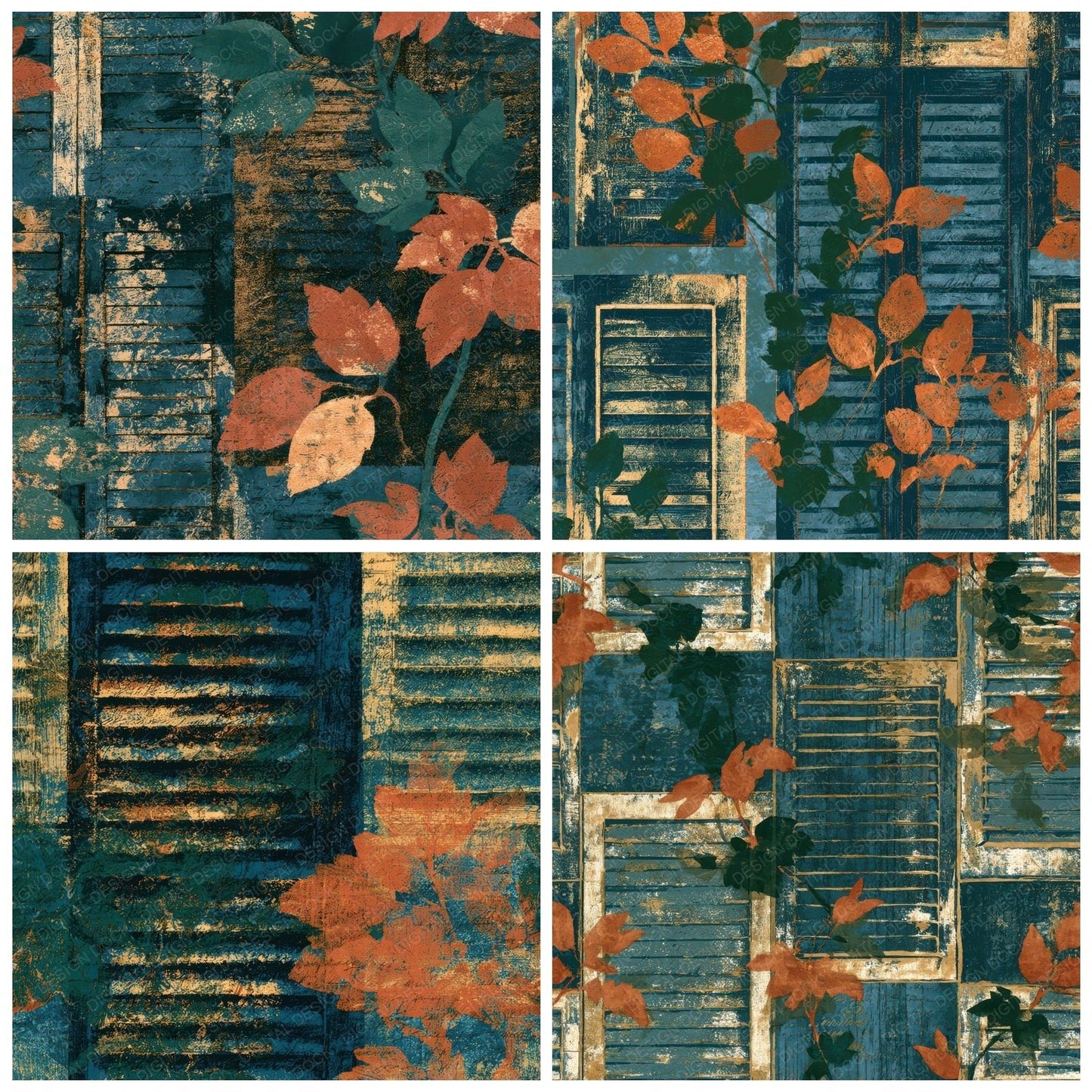 Etching Shutters Copper Florals Navy Digital Paper Pack (DDD012714)