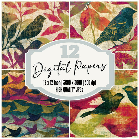 Torn Paper Finches Fuchsia Lime Digital Paper Pack (DDD012723)