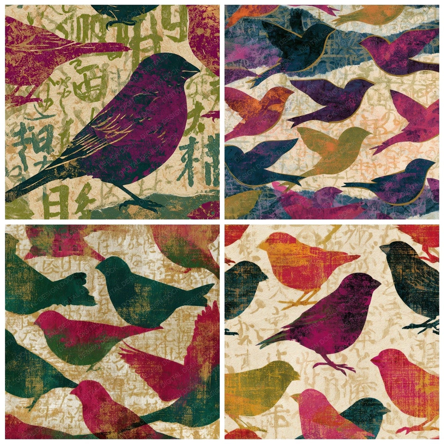 Torn Paper Finches Fuchsia Lime Digital Paper Pack (DDD012723)