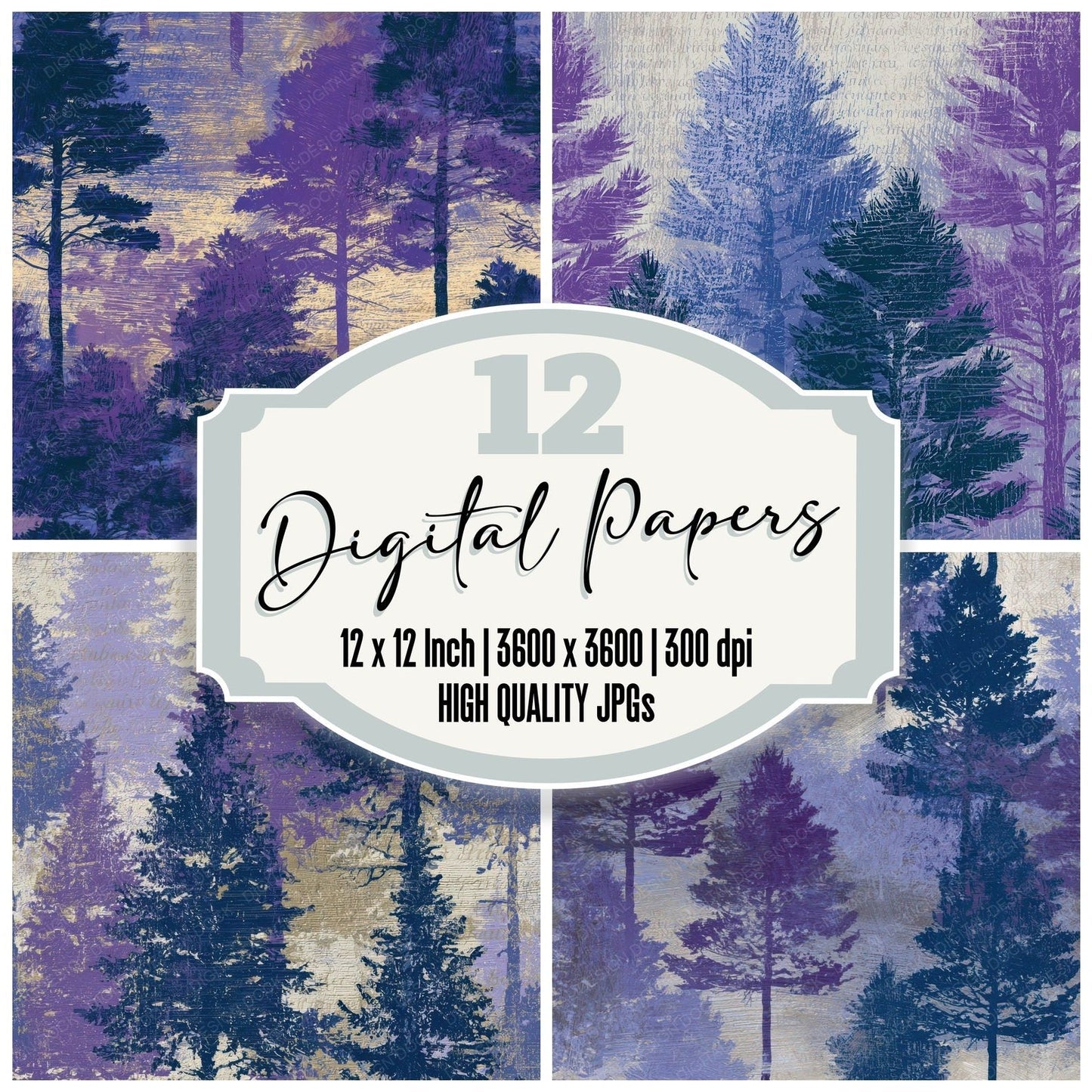 Woodcut Pine Forest Amethyst Digital Paper Pack (DDD012724)