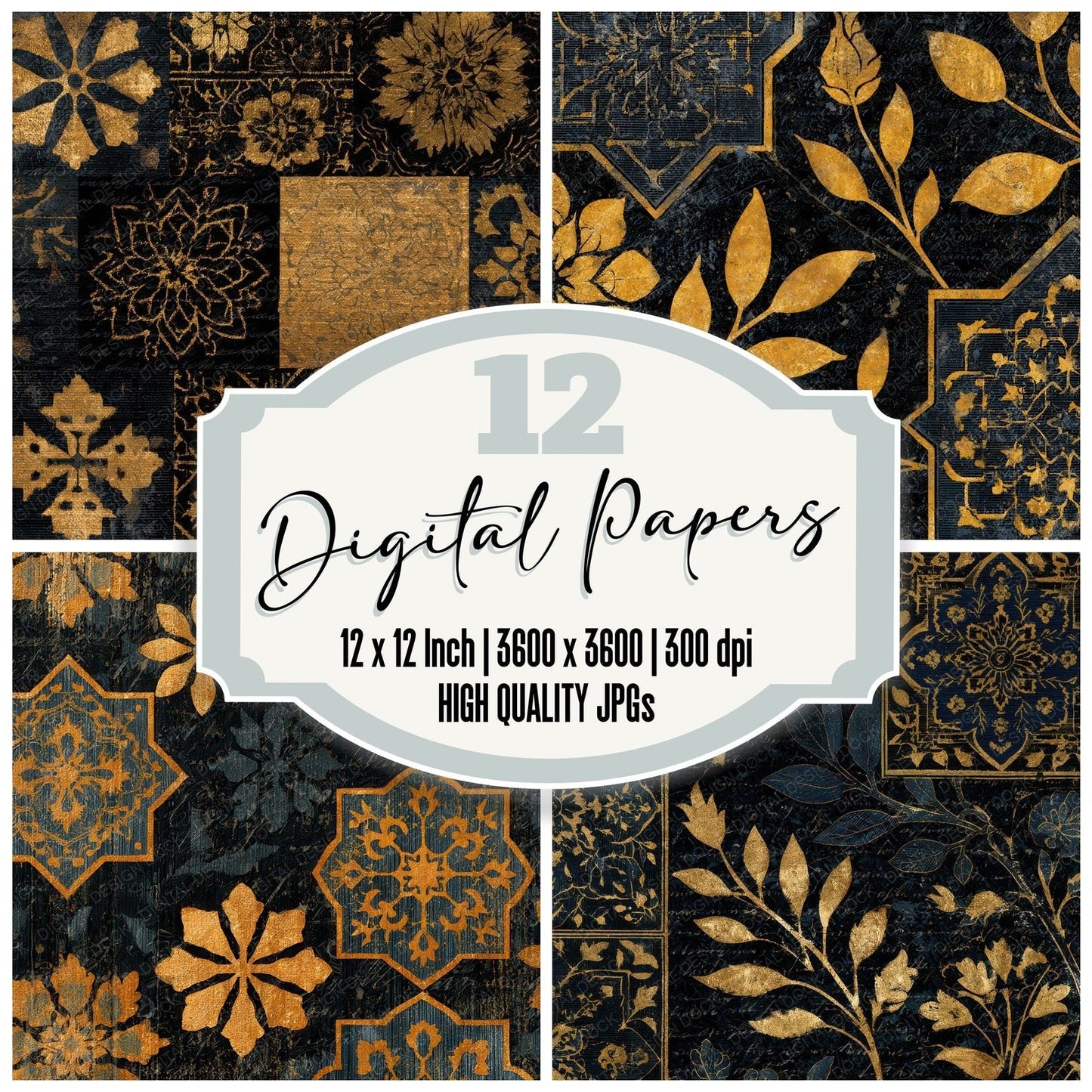 Antique Botanical Persian Rug Gold Digital Paper Pack (DDD012725)