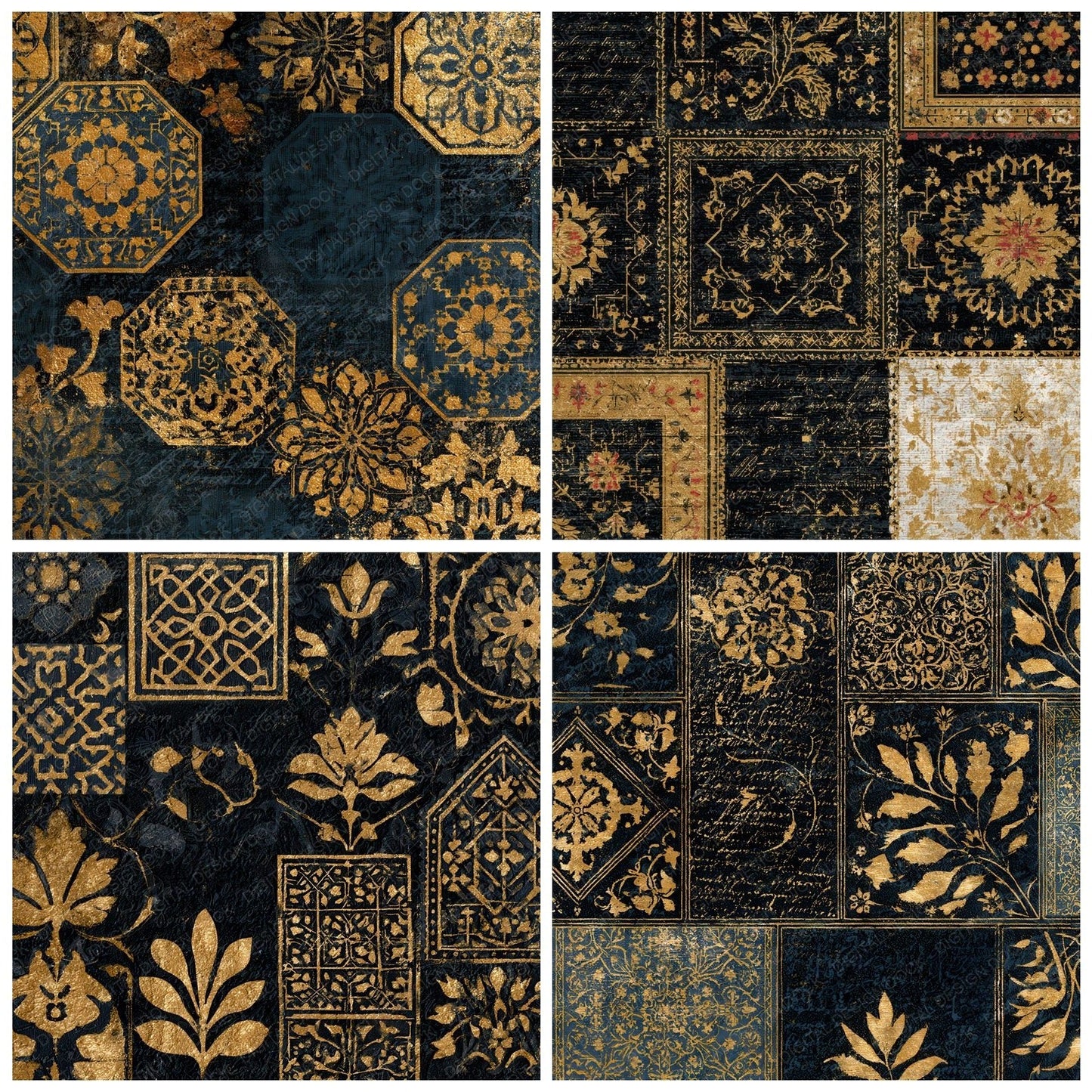 Antique Botanical Persian Rug Gold Digital Paper Pack (DDD012725)