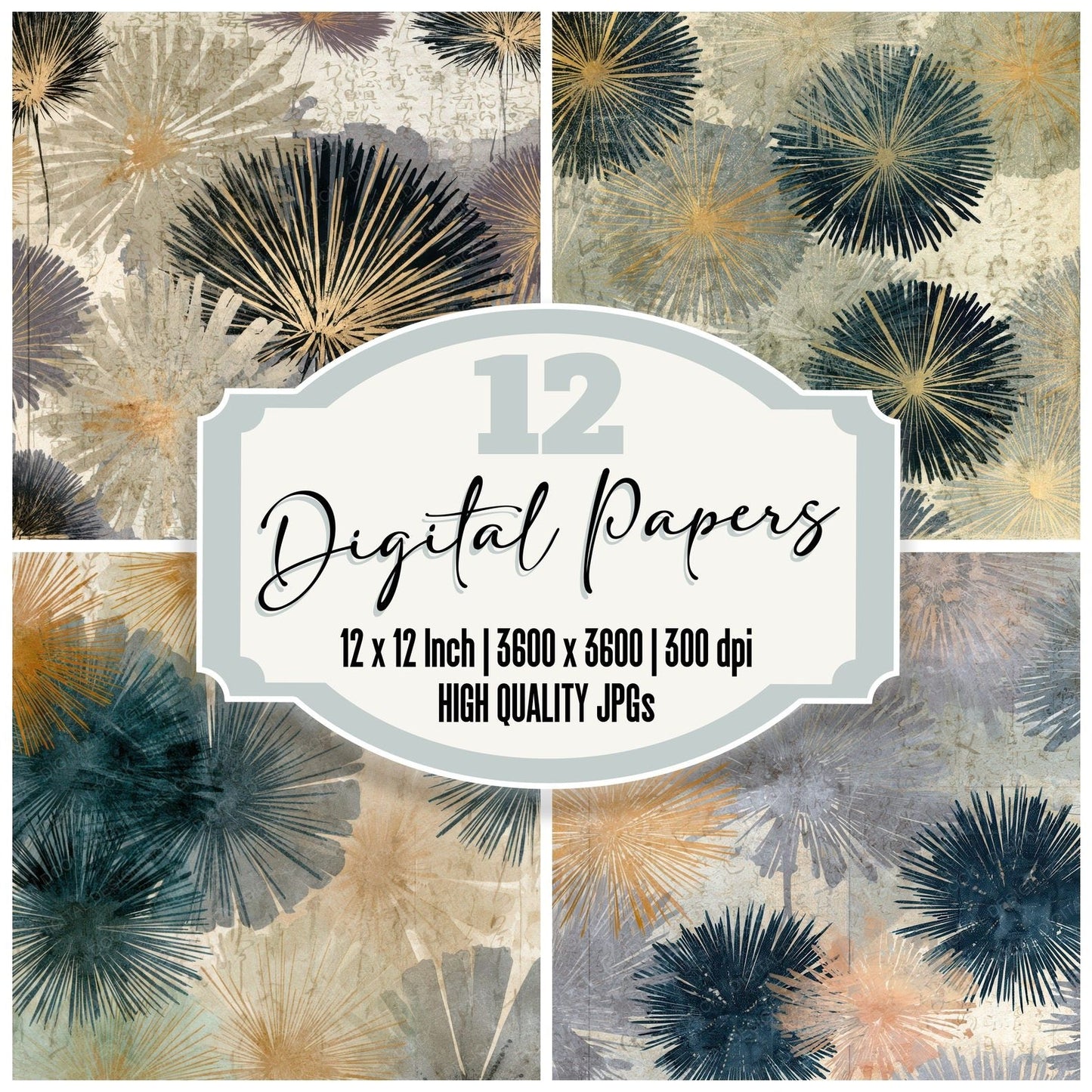 Antique Botanical Urchin Sumi Black Digital Paper Pack (DDD012726)