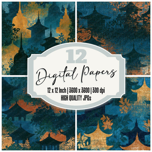 Batik Pagoda Midnight Green Copper Digital Paper Pack (DDD012727)