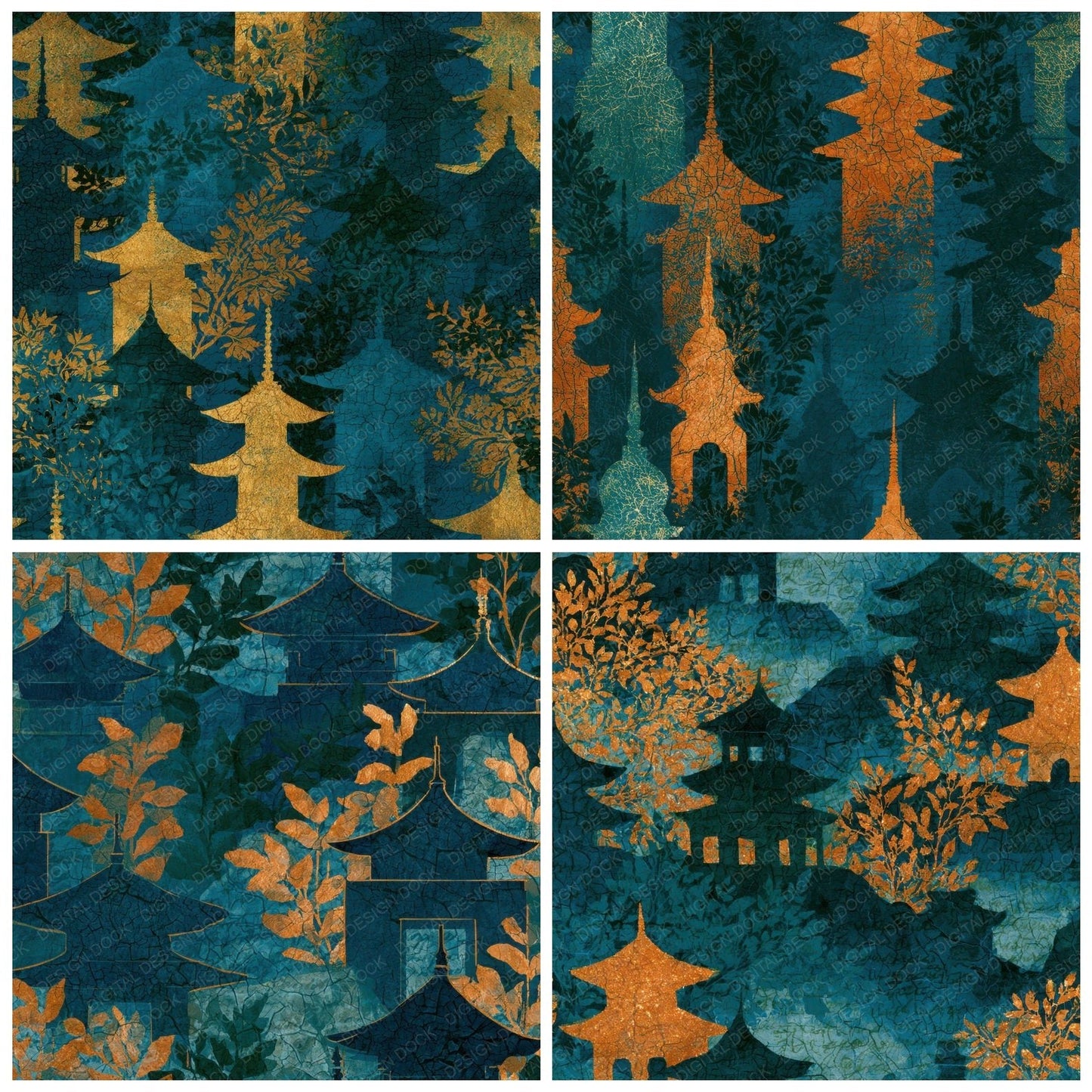 Batik Pagoda Midnight Green Copper Digital Paper Pack (DDD012727)