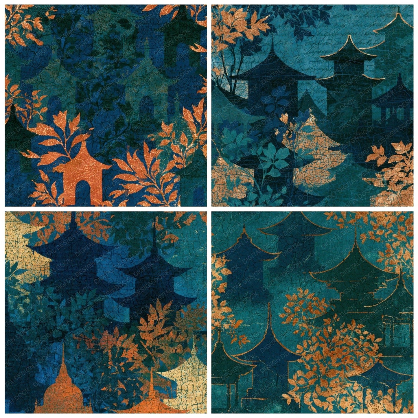 Batik Pagoda Midnight Green Copper Digital Paper Pack (DDD012727)