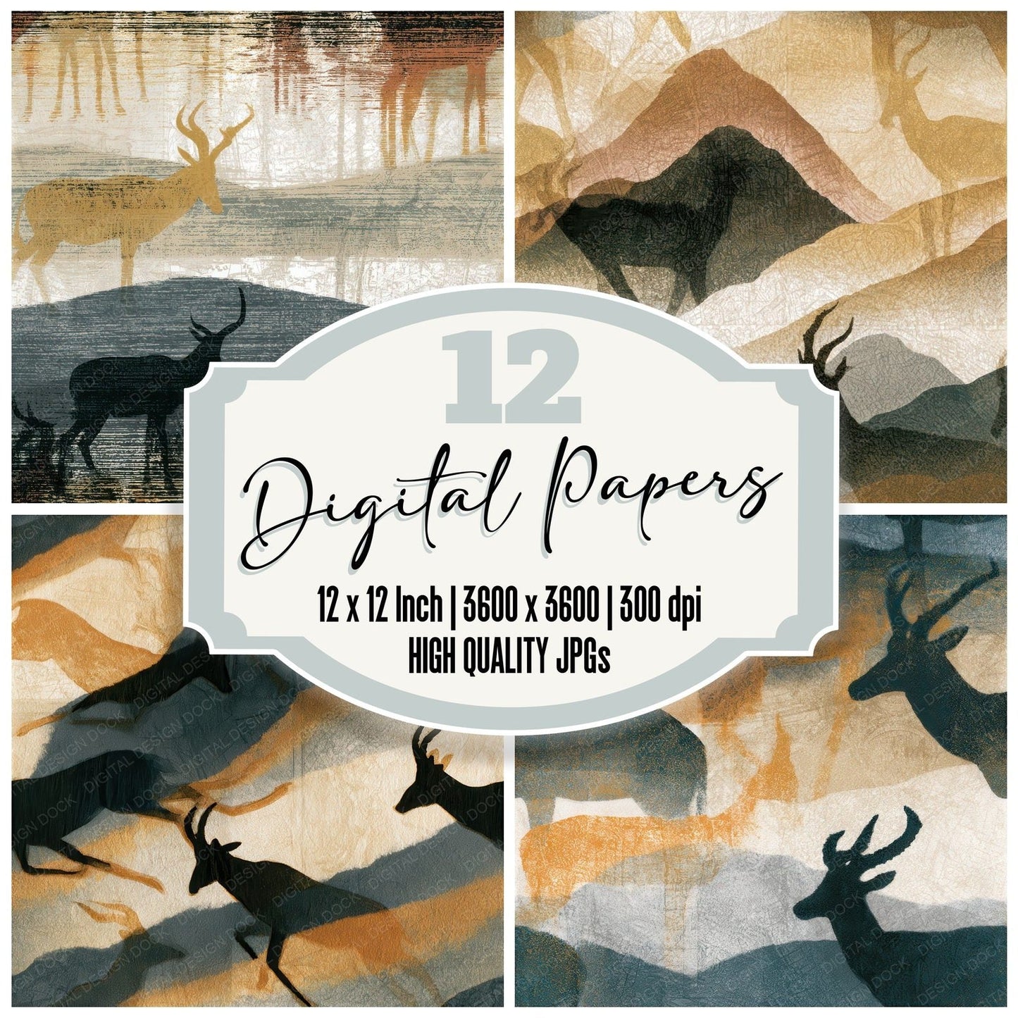 Drypoint Antelope Mushroom Seamless Digital Paper Pack (DDD012728)