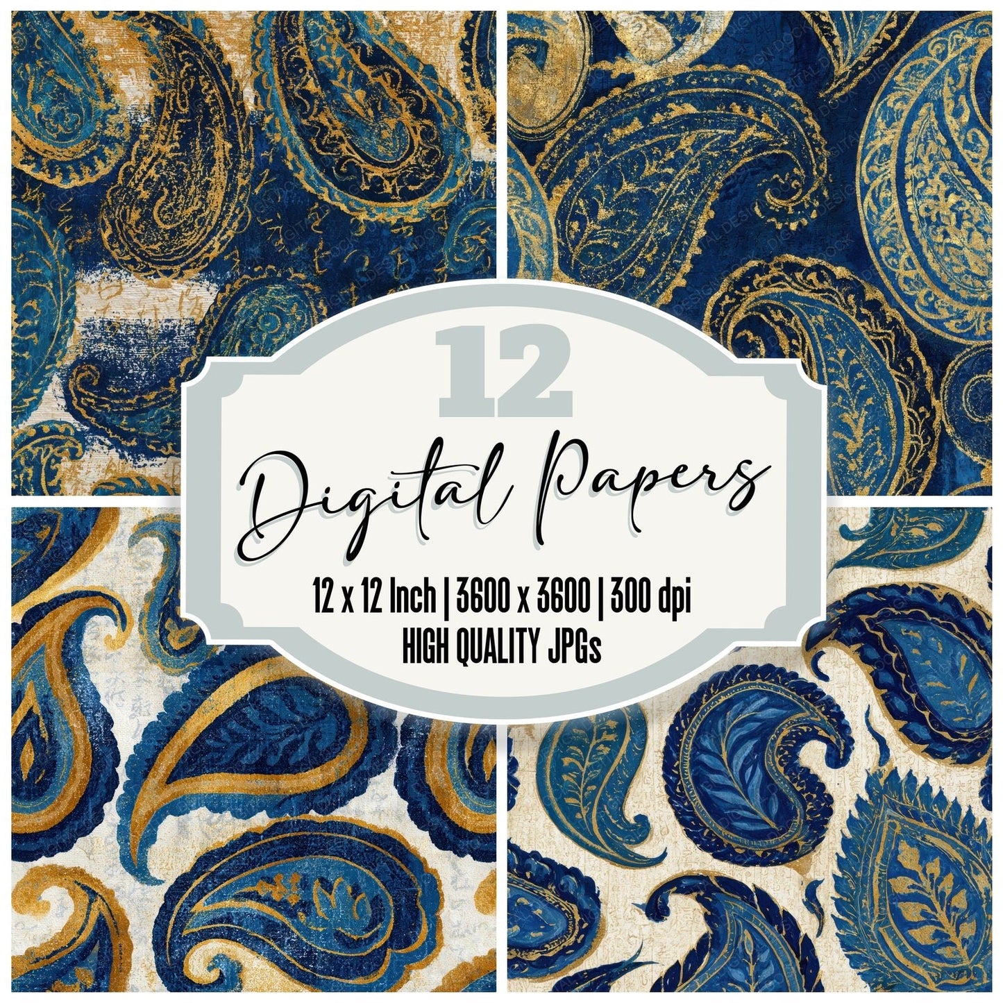 Egg Tempera Paisley Indigo Ivory Digital Paper Pack (DDD012732)