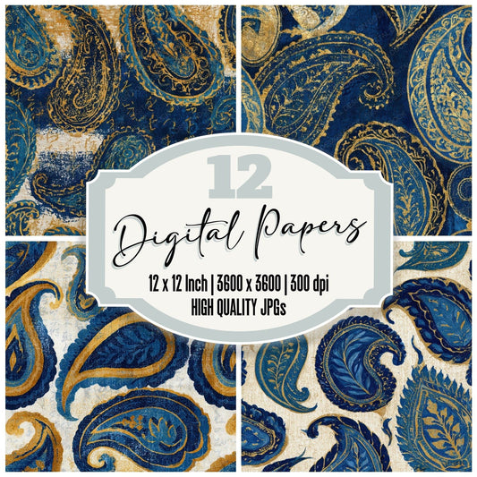 Egg Tempera Paisley Indigo Ivory Digital Paper Pack (DDD012732)
