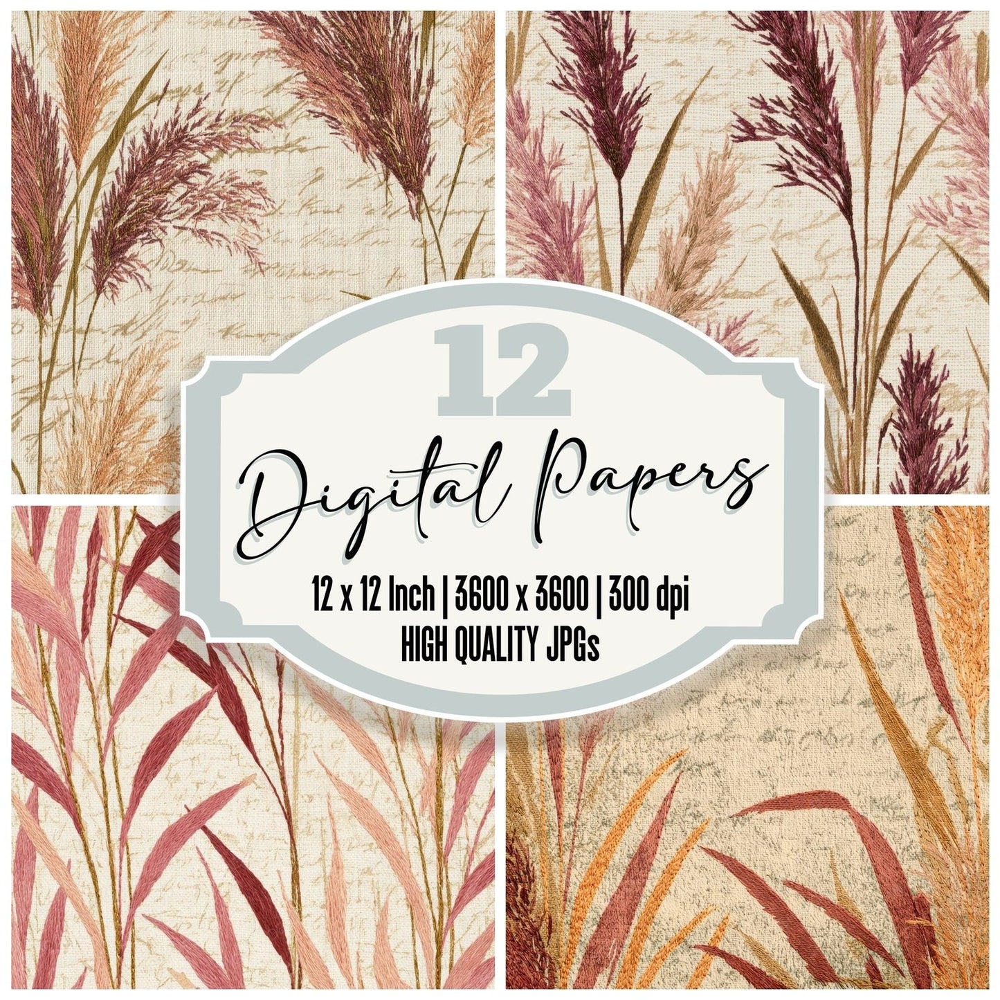 Embroidery Wild Grasses Dusty Pink Digital Paper Pack (DDD012734)