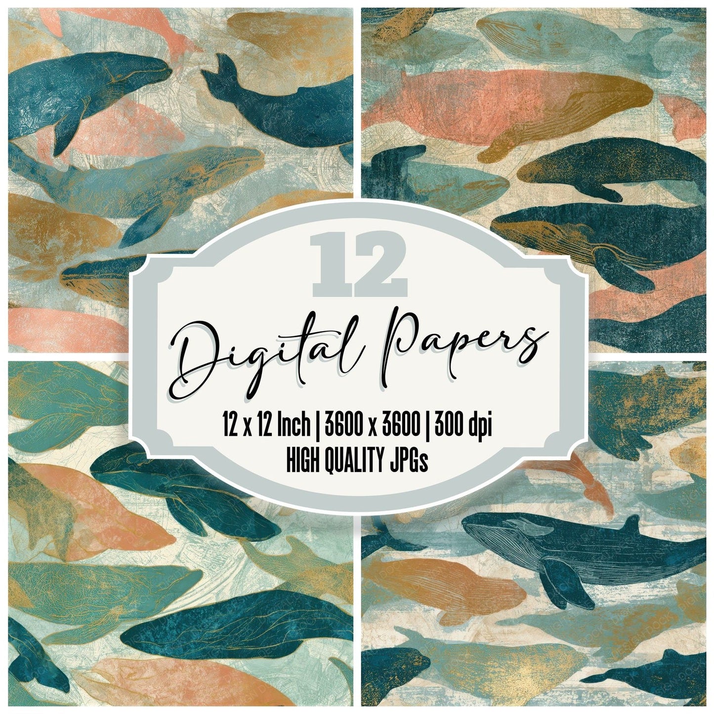 Etching Whale Blush Mint Seamless Digital Paper Pack (DDD012735)