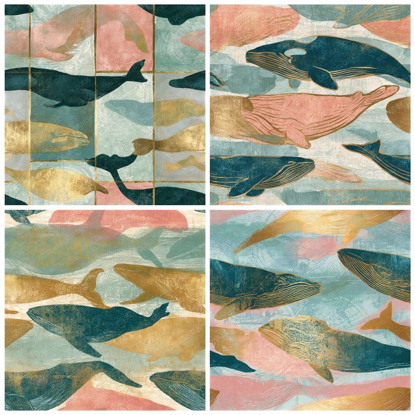 Etching Whale Blush Mint Seamless Digital Paper Pack (DDD012735)