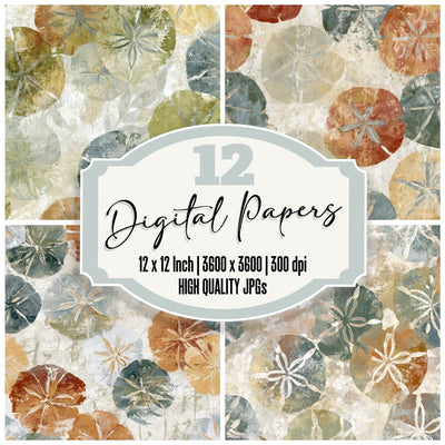 Fresco Sand Dollars Rust Moss Ivory digital paper pack cover showing four of the 12 papers
