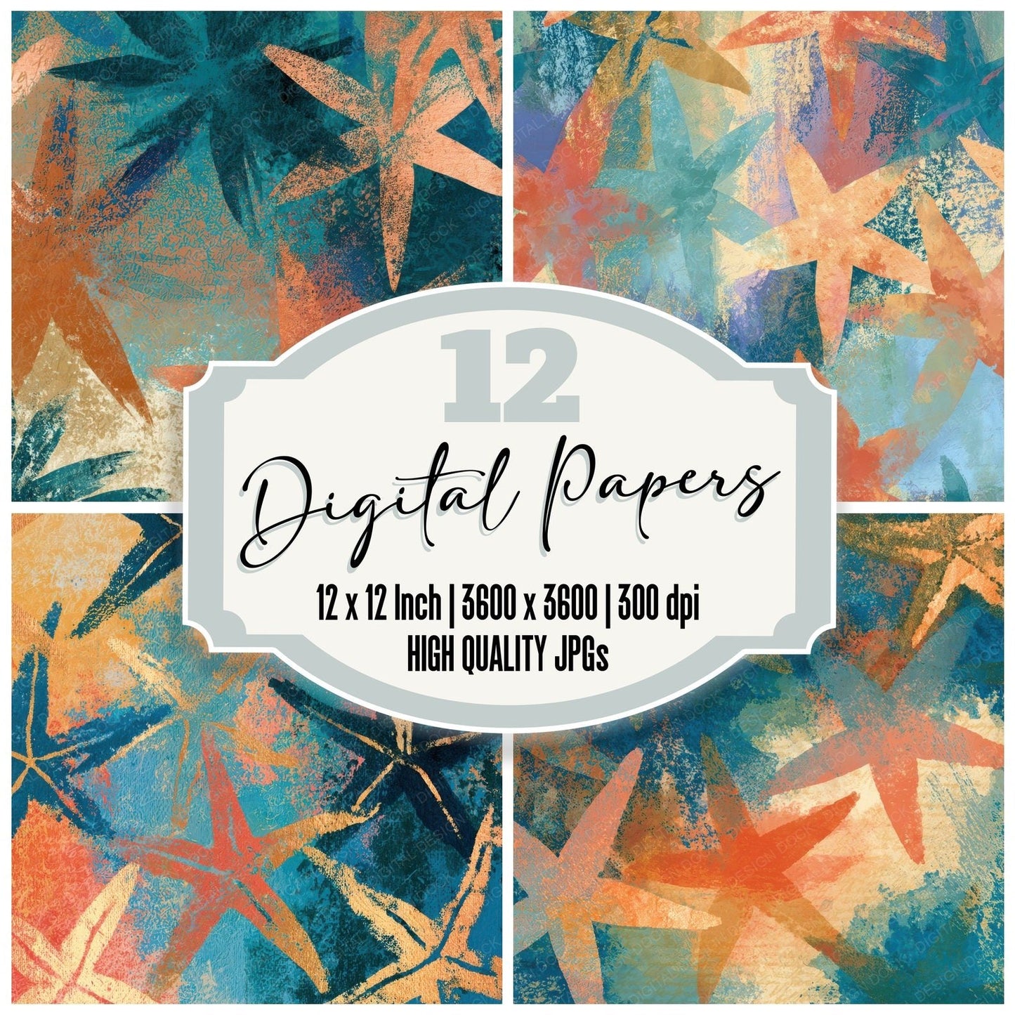 Sumi-e Starfish Coral Turquoise Digital Paper Pack (DDD012743)