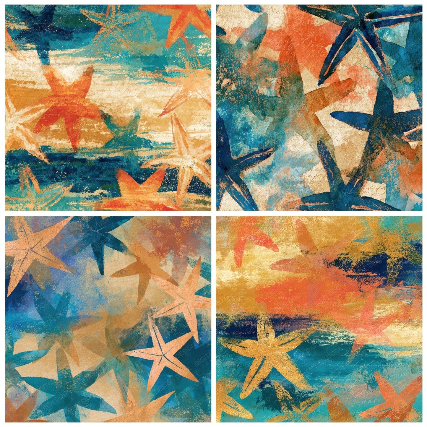 Sumi-e Starfish Coral Turquoise Digital Paper Pack (DDD012743)