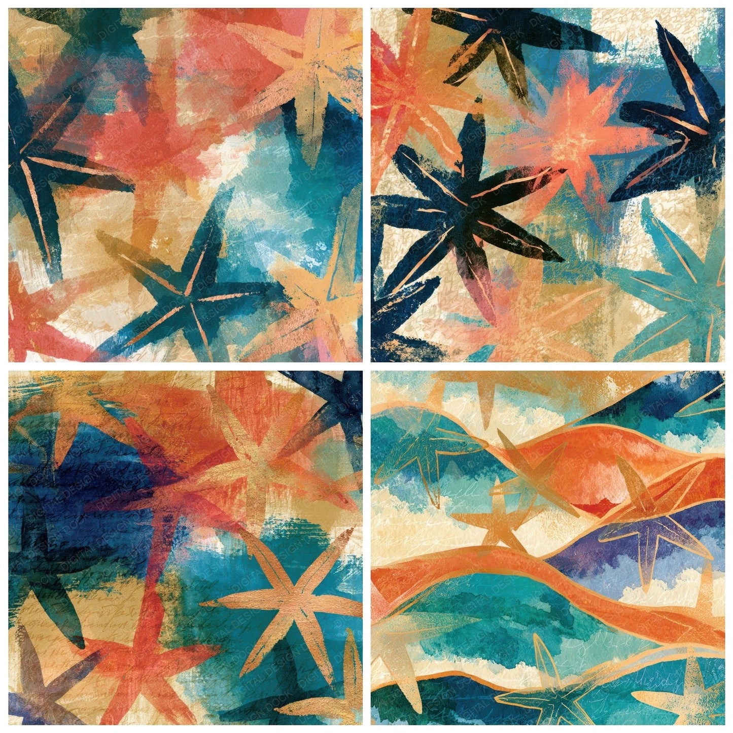 Sumi-e Starfish Coral Turquoise Digital Paper Pack (DDD012743)