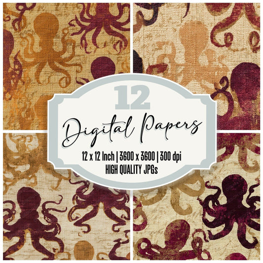 Tapestry Octopus Cinnamon Burgundy Digital Paper Pack (DDD012744)