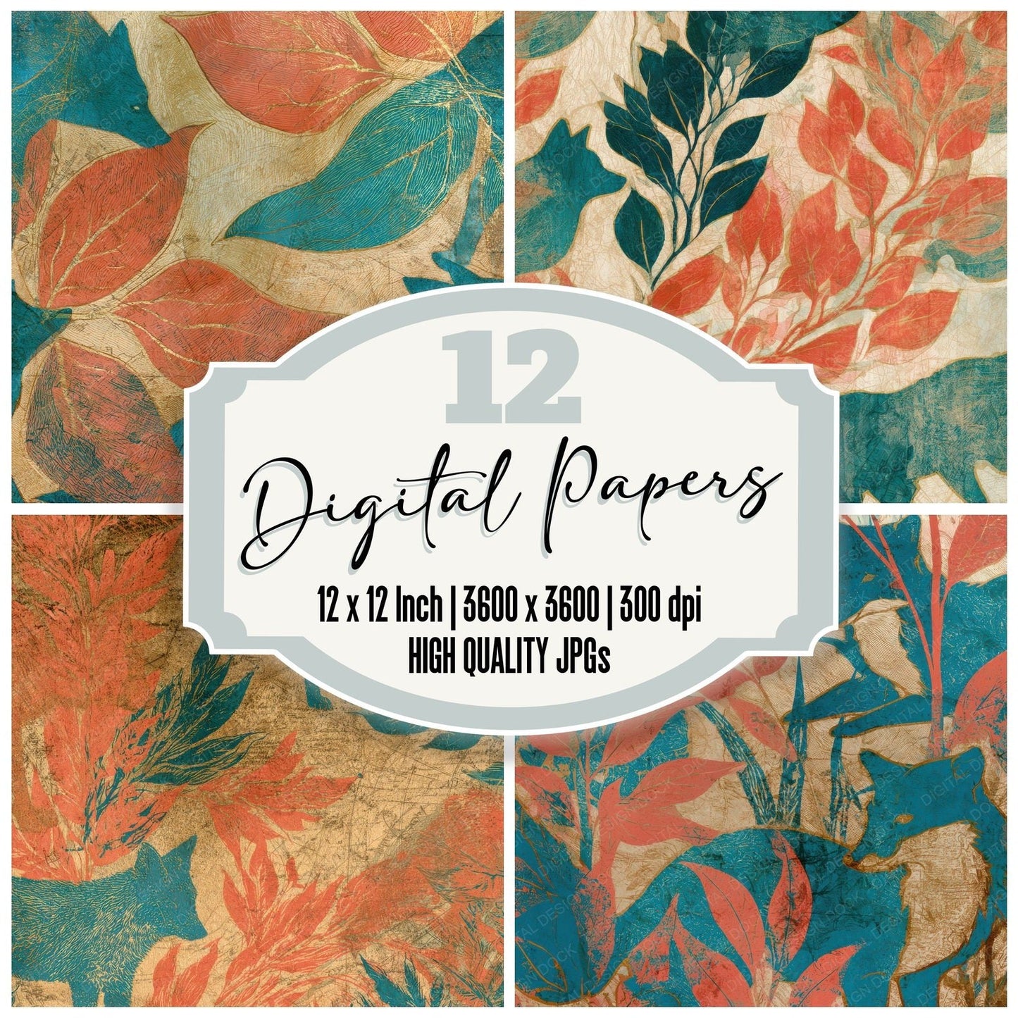 Antique Botanical Kitsune Coral Turquoise Digital Paper Pack (DDD012745)