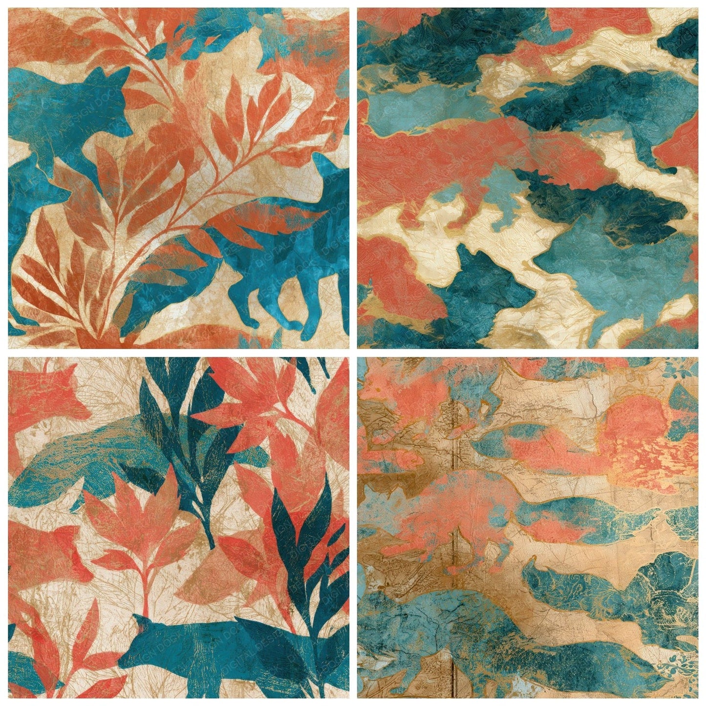 Antique Botanical Kitsune Coral Turquoise Digital Paper Pack (DDD012745)