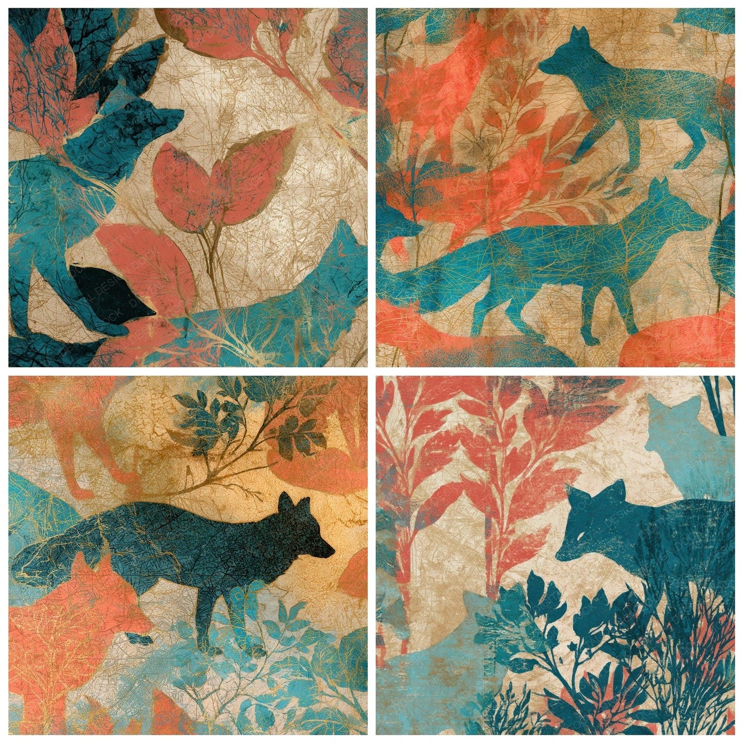 Antique Botanical Kitsune Coral Turquoise Digital Paper Pack (DDD012745)