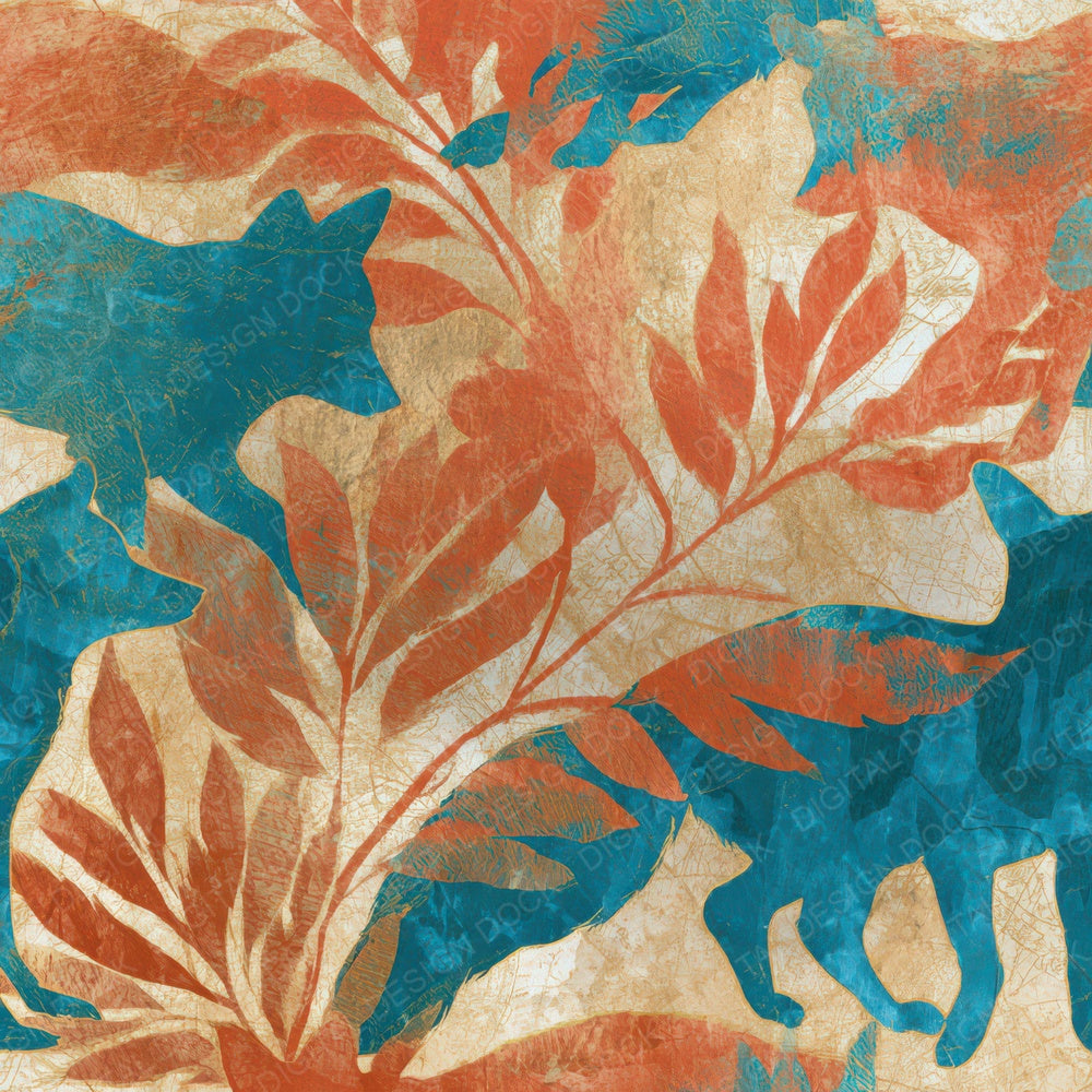 Antique Botanical Kitsune Coral Turquoise Digital Paper Pack (DDD012745)