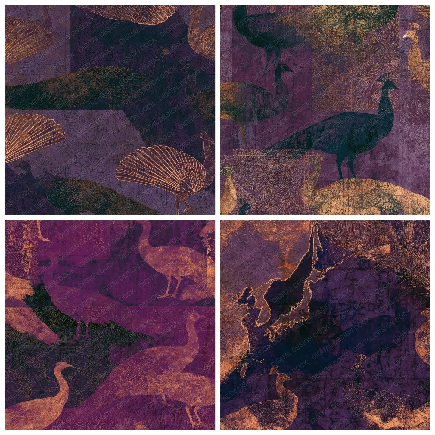 Antique Map Peacock Aubergine Digital Paper Pack (DDD012746)