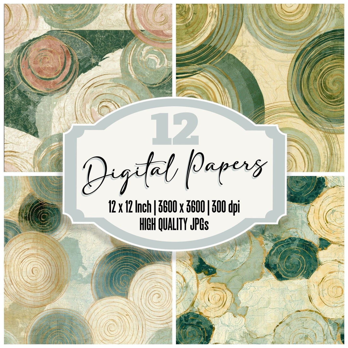 Antique Map Spiral Sage Primrose Digital Paper Pack (DDD012747)