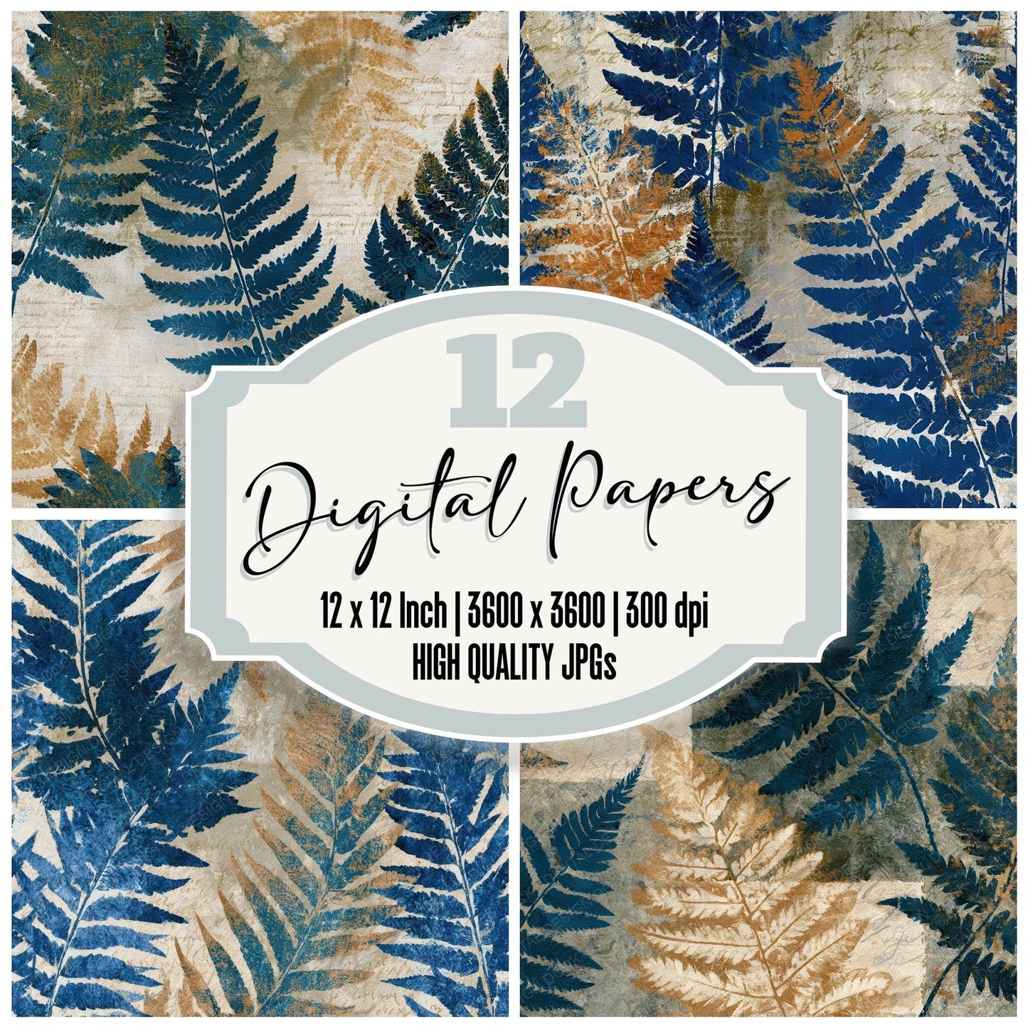 Cyanotype Fern Bone Stone Digital Paper Pack (DDD012753)