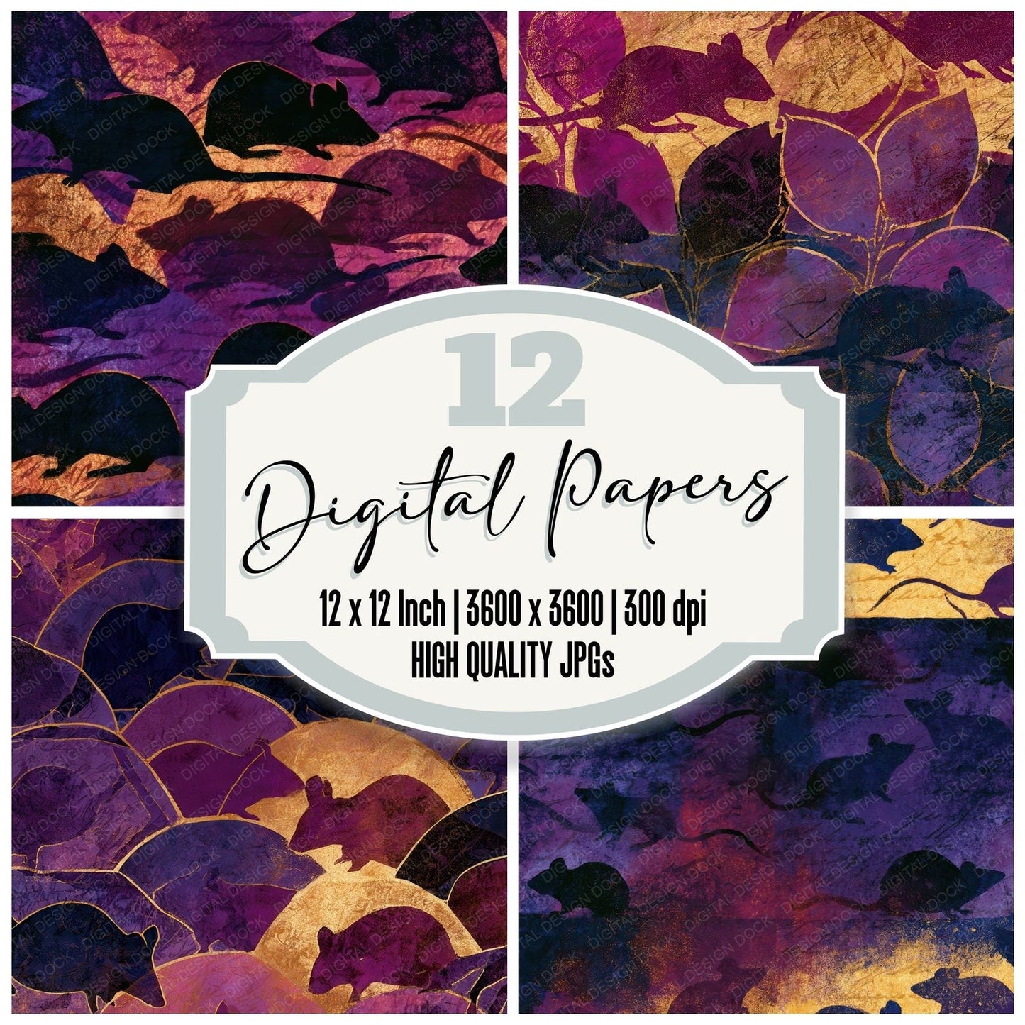 Indian Block Print Mice Aubergine Plum Digital Paper Pack (DDD012755)