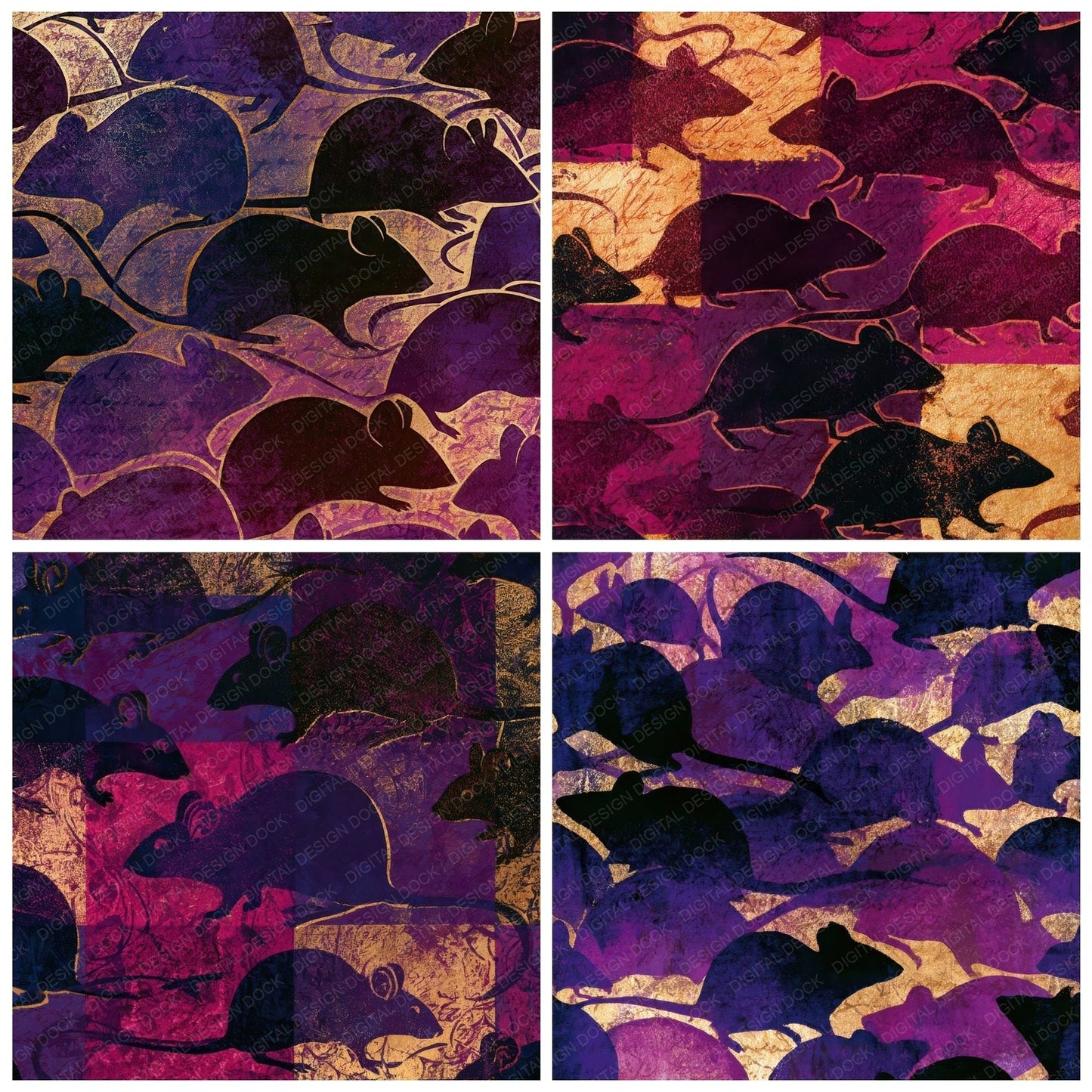 Indian Block Print Mice Aubergine Plum Digital Paper Pack (DDD012755)