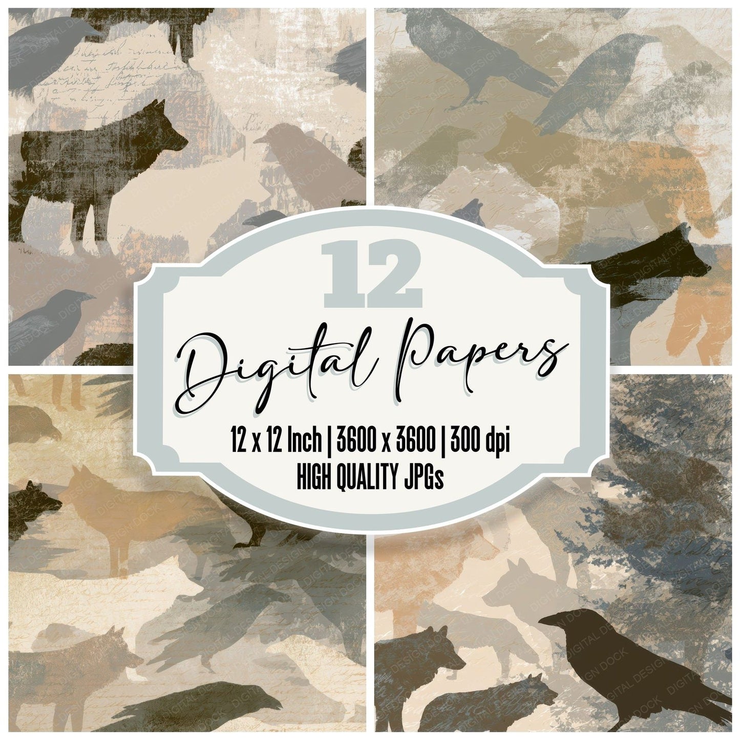 Screenprint Wolves Ravens Bone Taupe Digital Paper Pack (DDD012760)