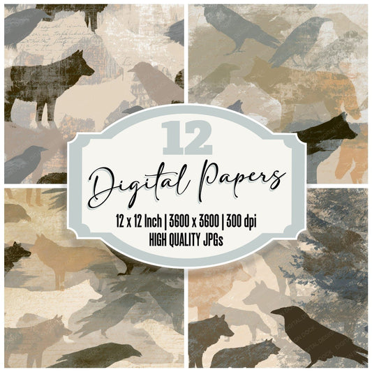 Screenprint Wolves Ravens Bone Taupe Digital Paper Pack (DDD012760)
