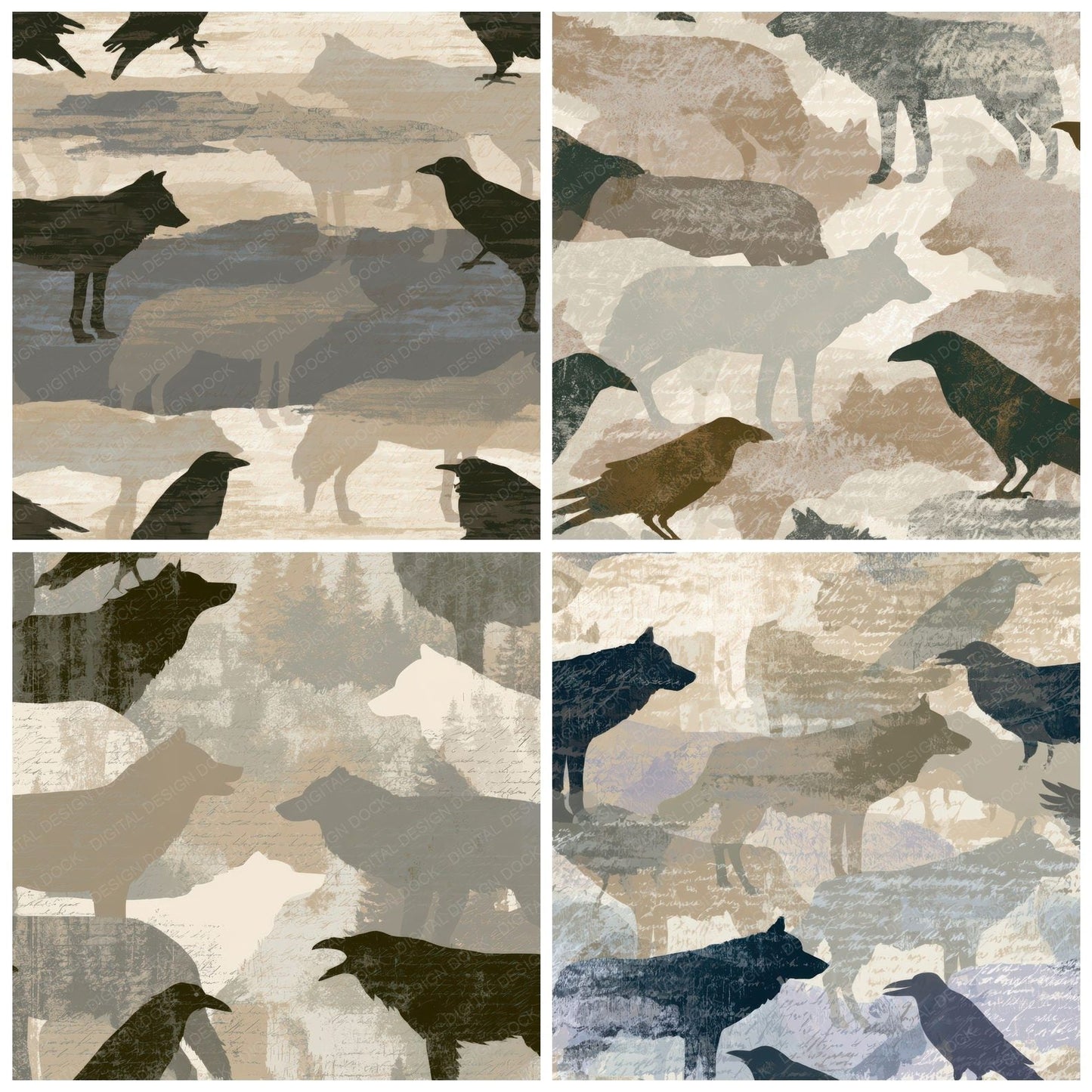 Screenprint Wolves Ravens Bone Taupe Digital Paper Pack (DDD012760)