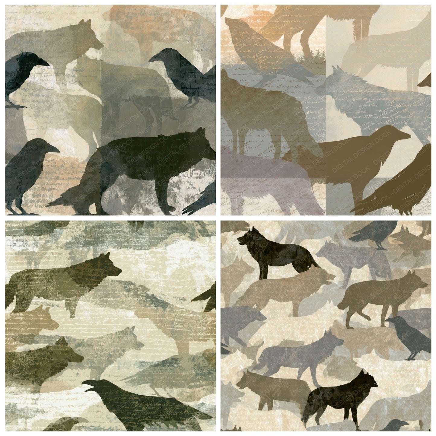 Screenprint Wolves Ravens Bone Taupe Digital Paper Pack (DDD012760)