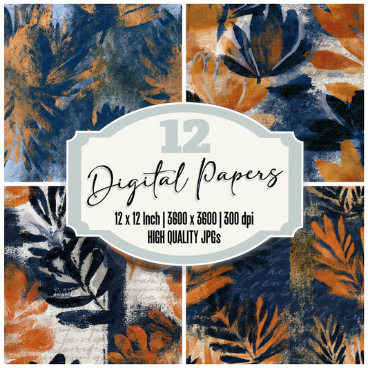 Sumi-e Banksia Navy Rust Seamless Digital Paper Pack (DDD012761)