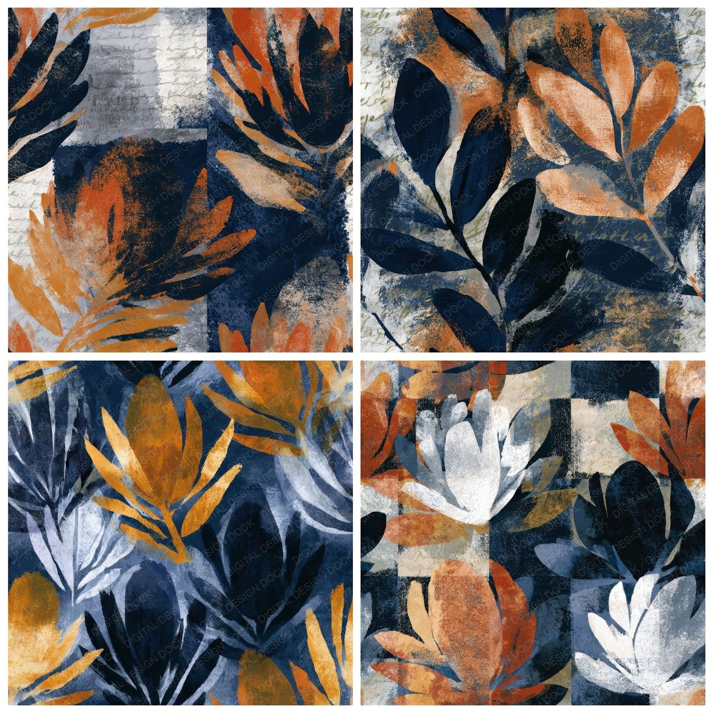 Sumi-e Banksia Navy Rust Seamless Digital Paper Pack (DDD012761)