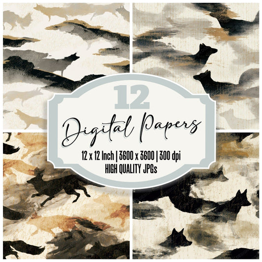 Sumi-e Kitsune Bone Brass Digital Paper Pack (DDD012762)