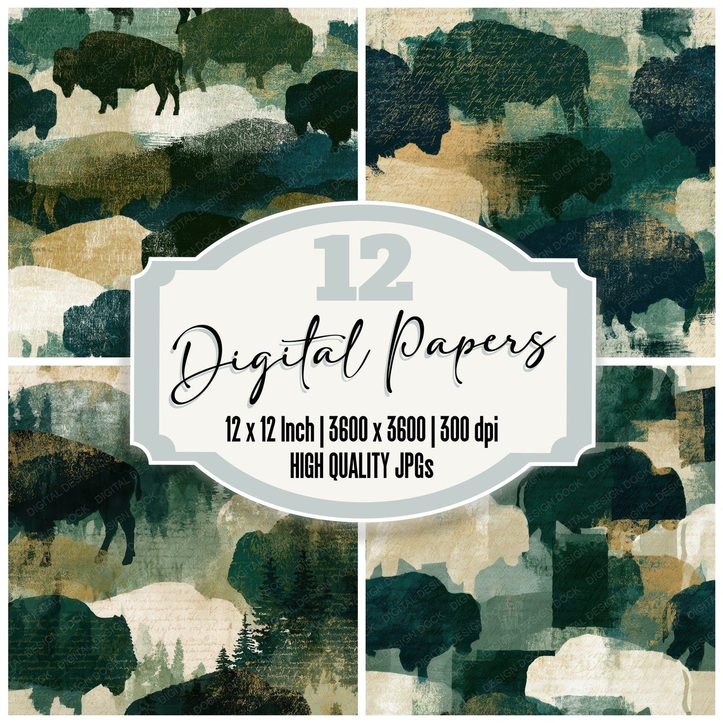 Woodblock Buffalo Forest Bone Digital Paper Pack (DDD012764)