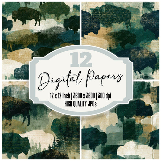 Woodblock Buffalo Forest Bone Digital Paper Pack (DDD012764)