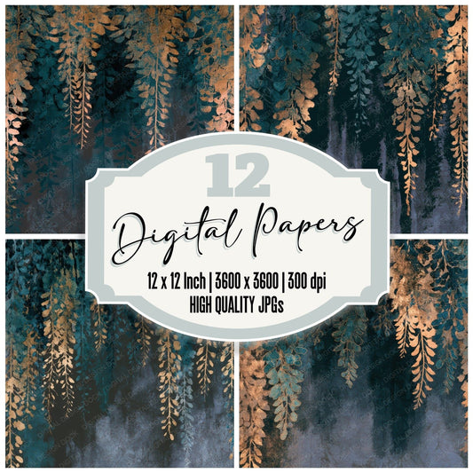 Ink Wash Wisteria Teal Brass Digital Paper Pack (DDD012769)