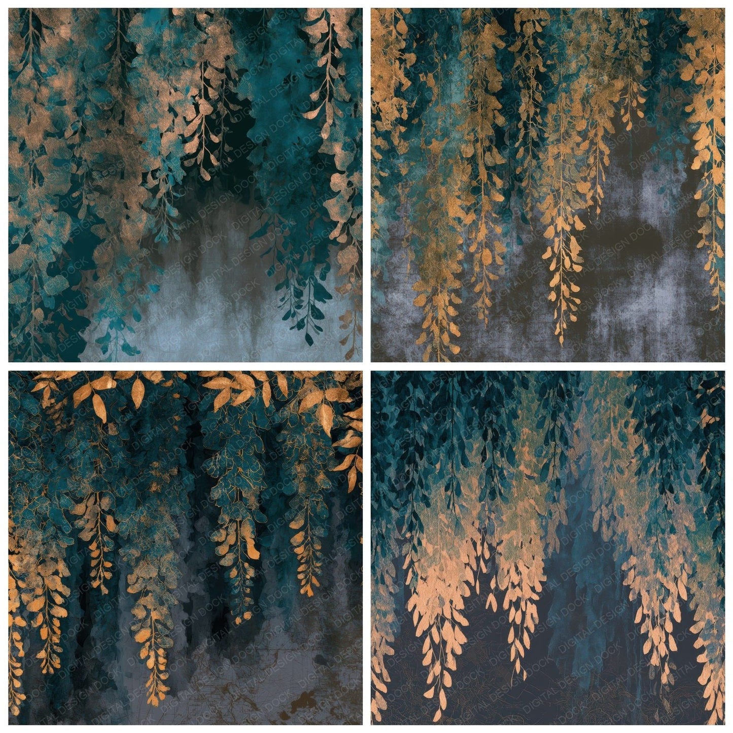 Ink Wash Wisteria Teal Brass Digital Paper Pack (DDD012769)