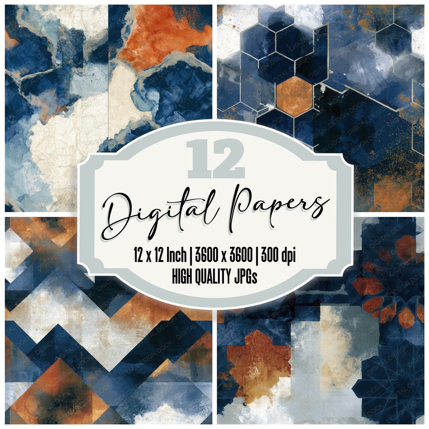 Sumi-e Tessellation Navy Chalk Seamless Digital Paper Pack (DDD012779)