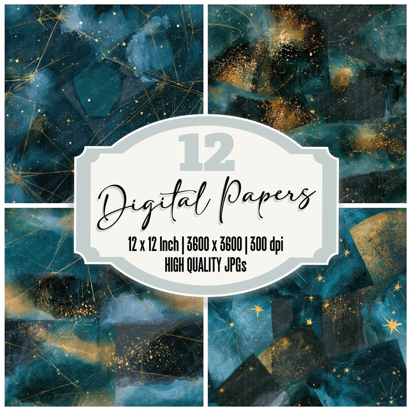 Watercolour Constellations Teal Brass Seamless Digital Paper Pack (DDD012780)